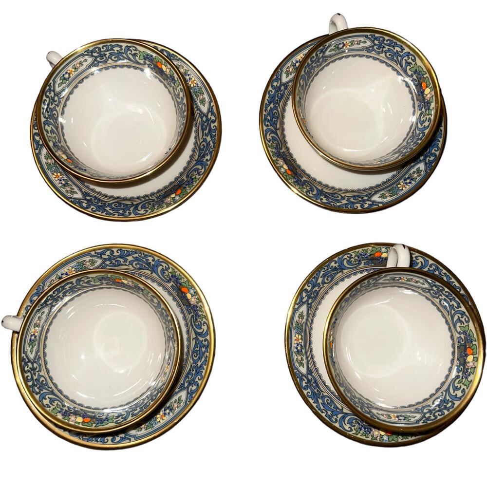 Lenox Autumn collection Blue and Gold fall tea cup and saucer set 4 dinnerware